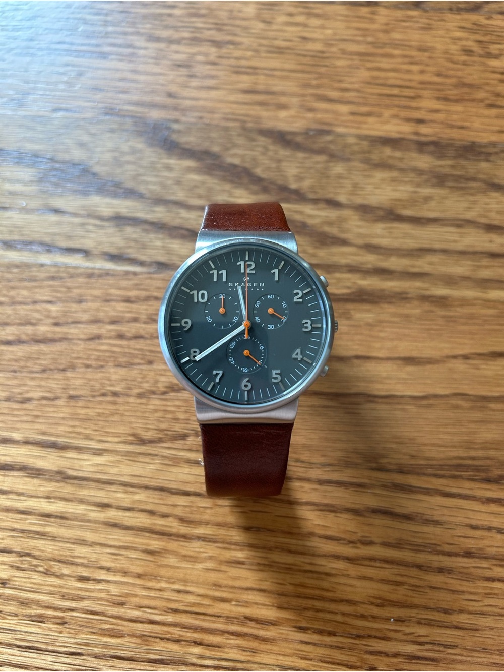 Skagen Gray Dial Chronograph with Brown Leather Strap and Orange Accents